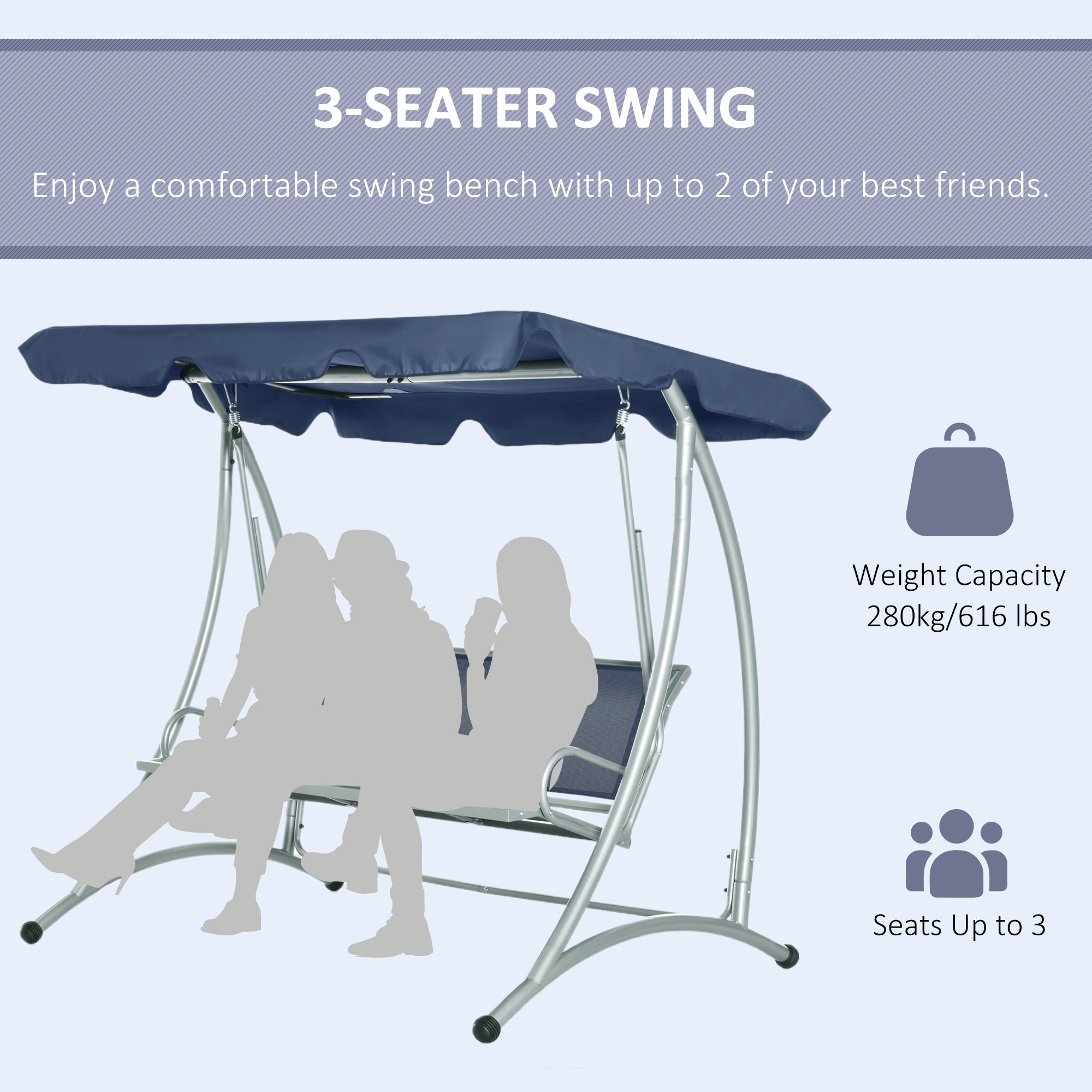 Outsunny 3-Seater Outdoor Swing Chair Bench with Adjustable Canopy, Dark Blue 