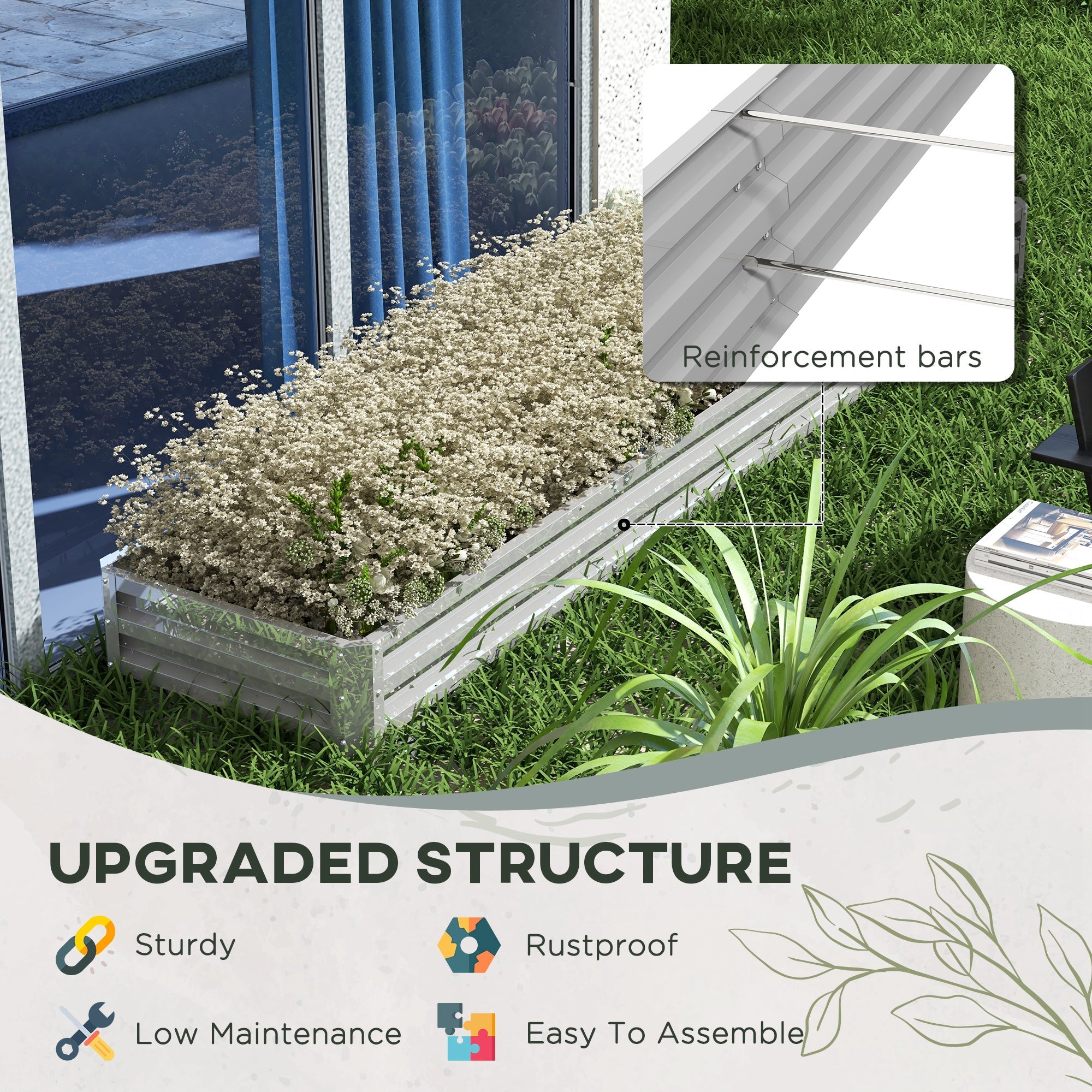 Outsunny Galvanized Raised Garden Bed Steel Planter Box w/ Rods for Vegetables Flowers Herbs, 82" x 109" x 12", Silver 