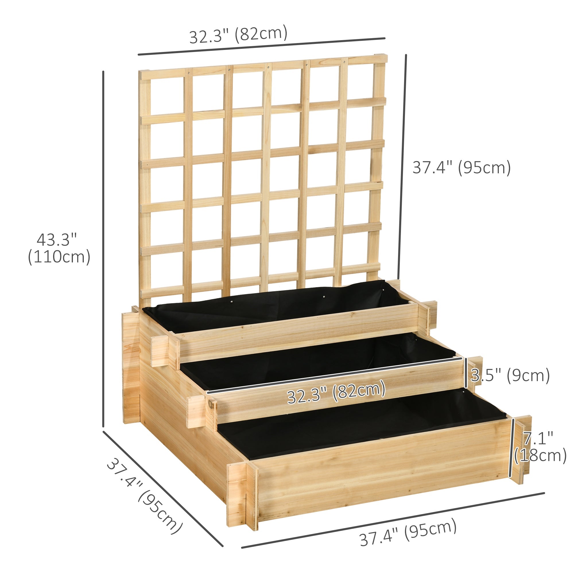 Outsunny Wooden Elevated Garden Bed with Trellis - 3 Tier Planter Box for Climbing Plants, Outdoor Use, Natural Finish 