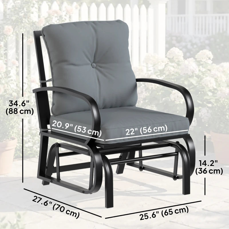 Patio Glider, Outdoor Glider Chair with Cushions, Steel Frame, Curved Armrests, Light Grey