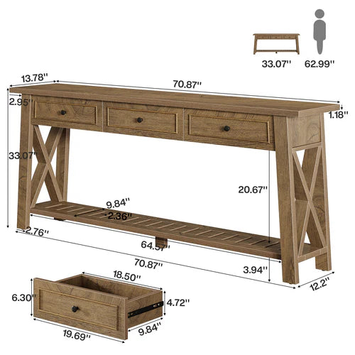 70.8" Console Table with 3 Storage Drawers, Long Sofa Table Behind Couch with Shelf, Farmhouse Entryway Table Brown