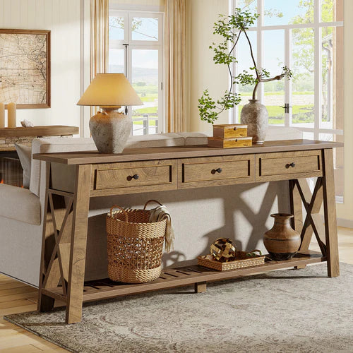 70.8" Console Table with 3 Storage Drawers, Long Sofa Table Behind Couch with Shelf, Farmhouse Entryway Table Brown