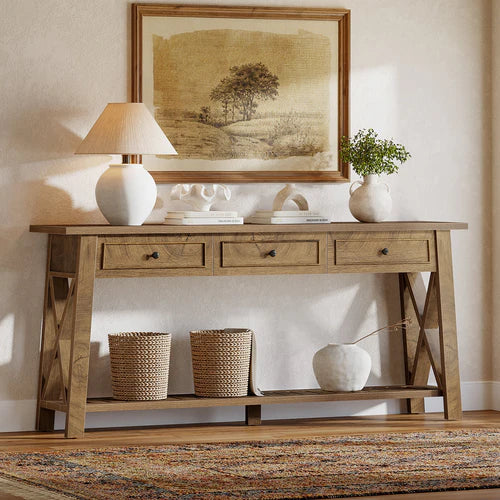 70.8" Console Table with 3 Storage Drawers, Long Sofa Table Behind Couch with Shelf, Farmhouse Entryway Table Brown