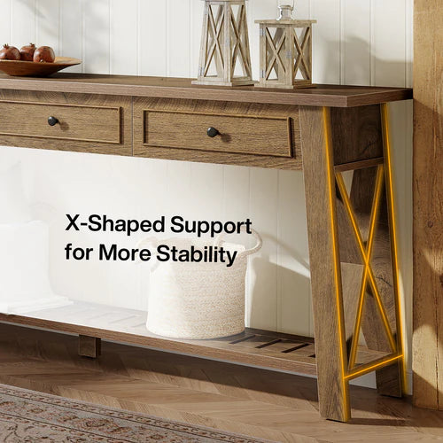 70.8" Console Table with 3 Storage Drawers, Long Sofa Table Behind Couch with Shelf, Farmhouse Entryway Table Brown