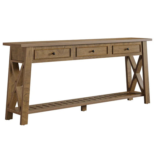 70.8" Console Table with 3 Storage Drawers, Long Sofa Table Behind Couch with Shelf, Farmhouse Entryway Table Brown