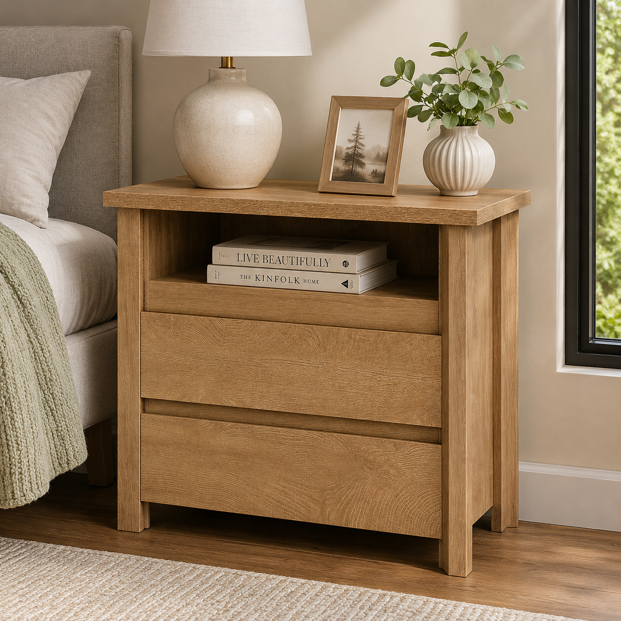 Rustic Farmhouse Bedside Table with 3 Drawers – Brown Wood Finish