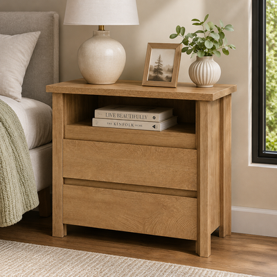 Rustic Farmhouse Bedside Table with 3 Drawers – Brown Wood Finish