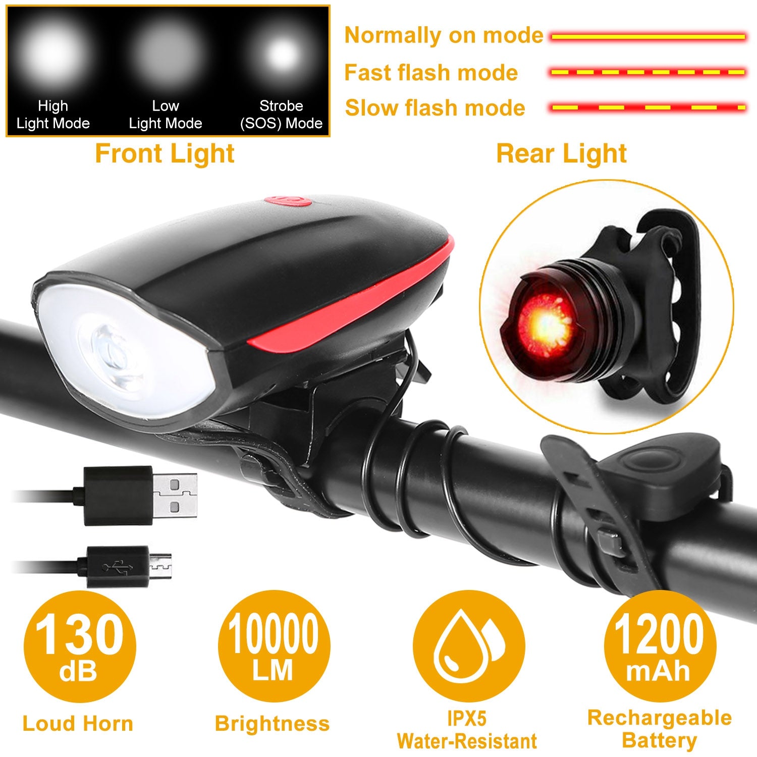 10000lm Bike Headlight USB Rechargeable LED Bicycle Front Light Rear Tail Light with 130dB Loud Horn 