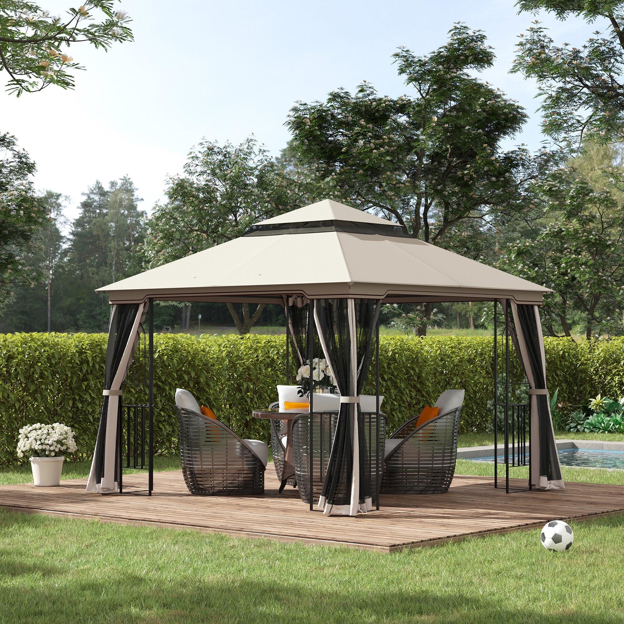 Outsunny 10'x10' Soft-top Patio Gazebo Deck Canopywith Double Tier Roof, Removable Mesh Curtains, Display Shelves, Top Hooks, Beige 