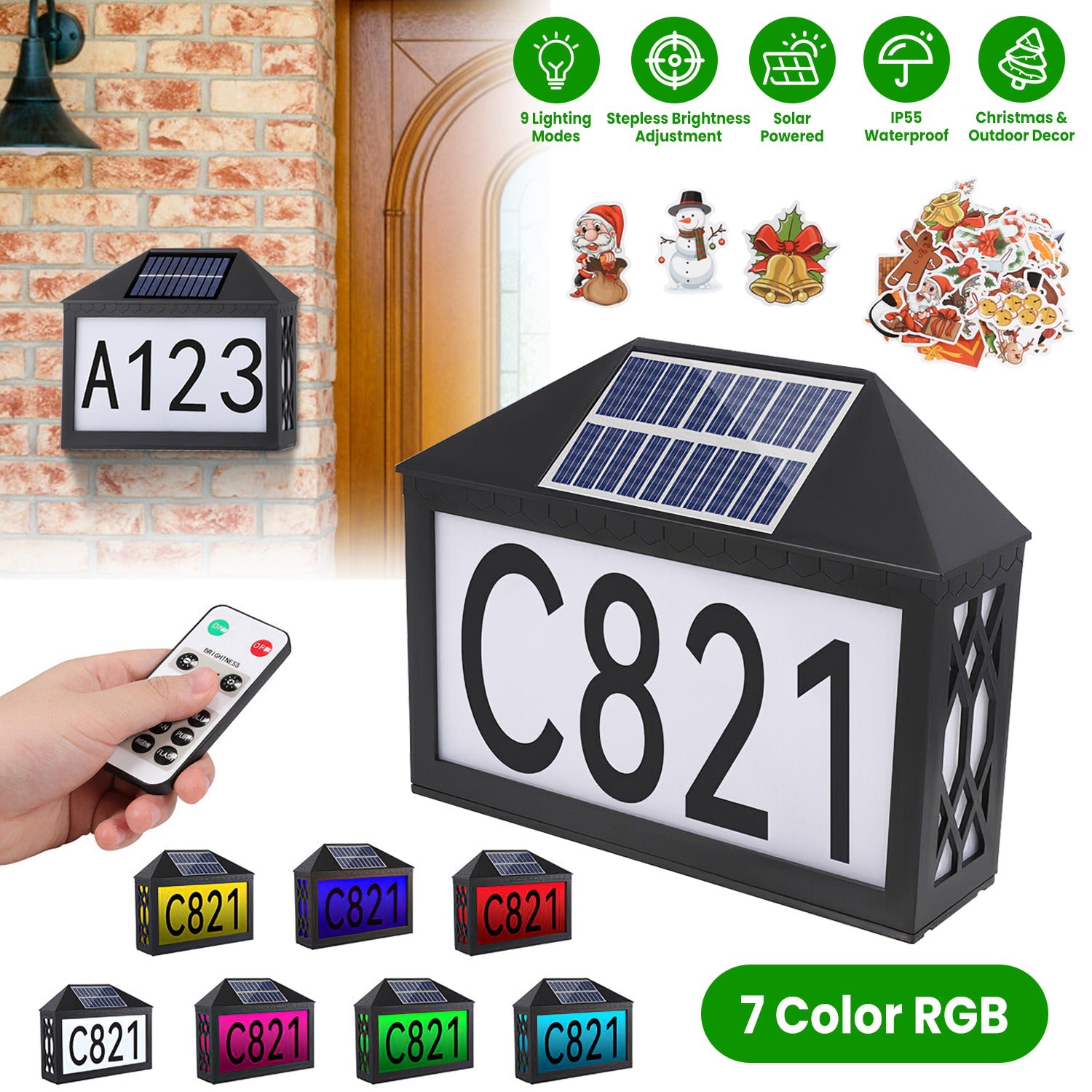 Christmas Solar Address Sign IP55 Waterproof Colorful House Numbers Plaque Wall Mounted LED Address Sign with 9 Lighting Modes Remote Control for Yard