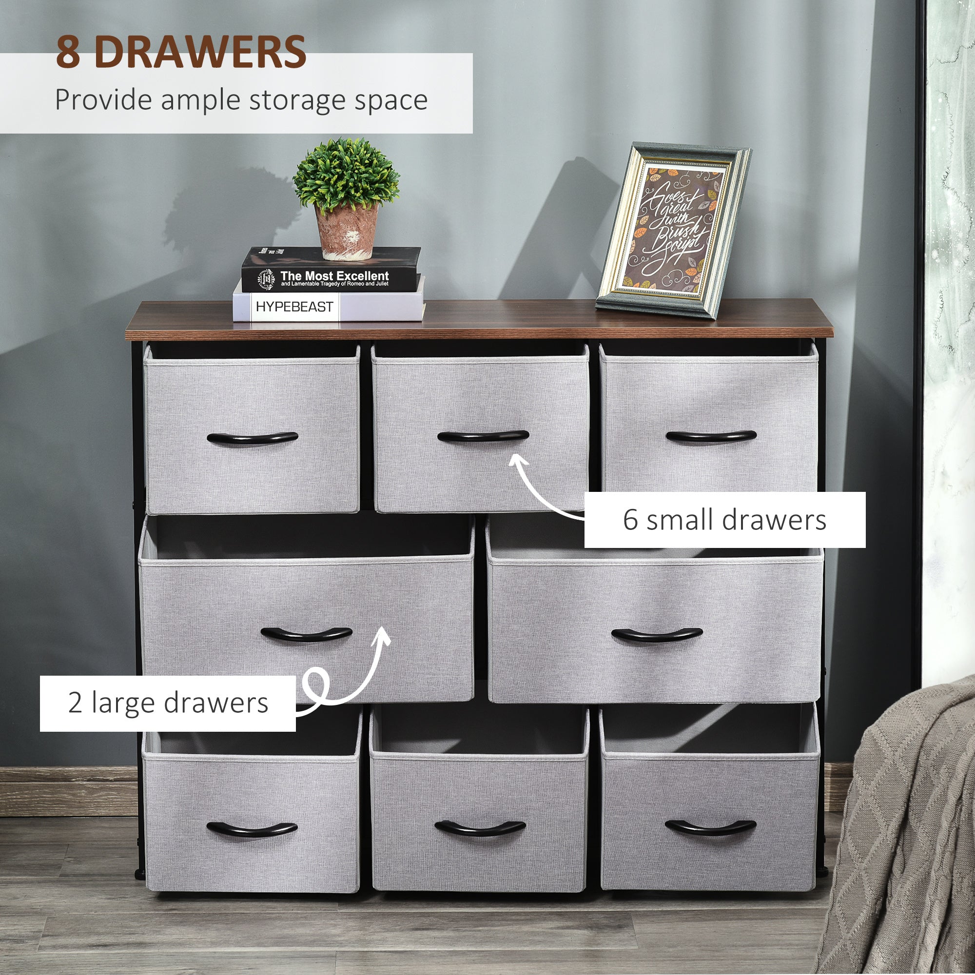 HOMCOM 8-Drawer Dresser, 3-Tier Fabric Chest of Drawers, Storage Tower Organizer Unit with Steel Frame Wooden Top for Bedroom, Grey 