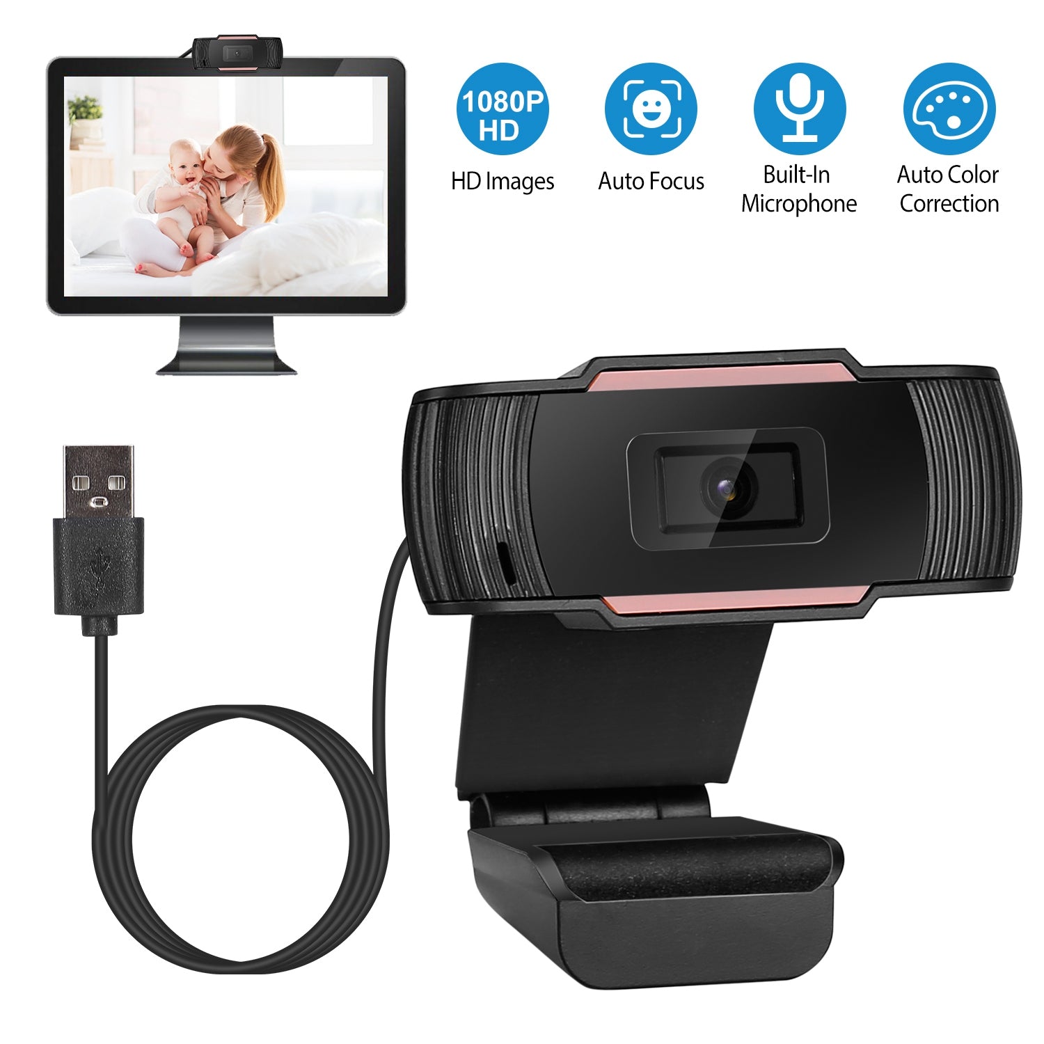 1080P USB Webcam Streaming USB Camera 170° Vertical Adjustment w/ Clip For PC Video Conferencing Gaming Facetime Broadcast 