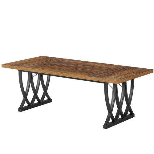 70.8" Dining Table, Rectangular Kitchen Table for 6–8 People with Trestle Base, Industrial Wood Dining Table Brown & White