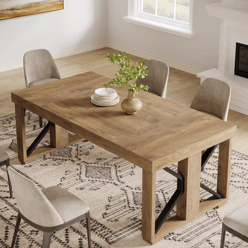 70.8" Dining Table, Rectangular Kitchen Dinner Table for 6–8 People, Farmhouse Wood Finish Brown