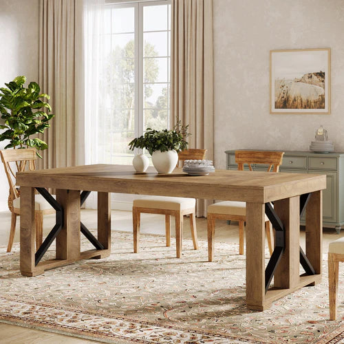 70.8" Dining Table, Rectangular Kitchen Dinner Table for 6–8 People, Farmhouse Wood Finish Brown