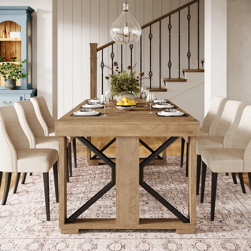70.8" Dining Table, Rectangular Kitchen Dinner Table for 6–8 People, Farmhouse Wood Finish Brown