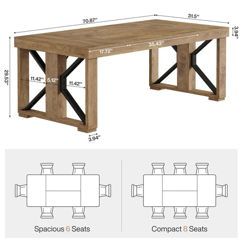 70.8" Dining Table, Rectangular Kitchen Dinner Table for 6–8 People, Farmhouse Wood Finish Brown