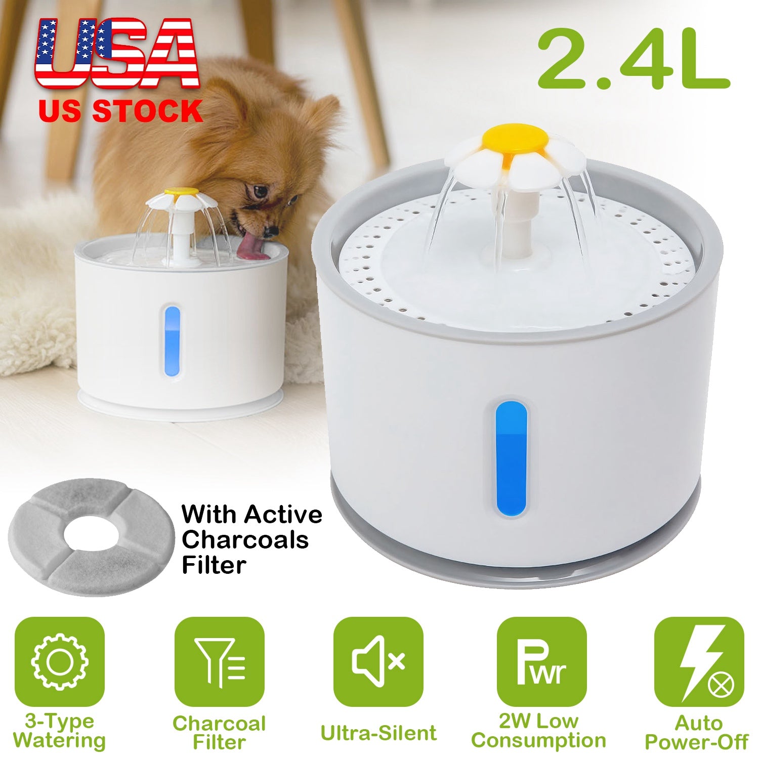 2.4L Automatic Dog Cat Water Fountain Electric LED Pet Flower Water Dispenser Ultra Silent Health Cat Waterer Auto Off Level Window 