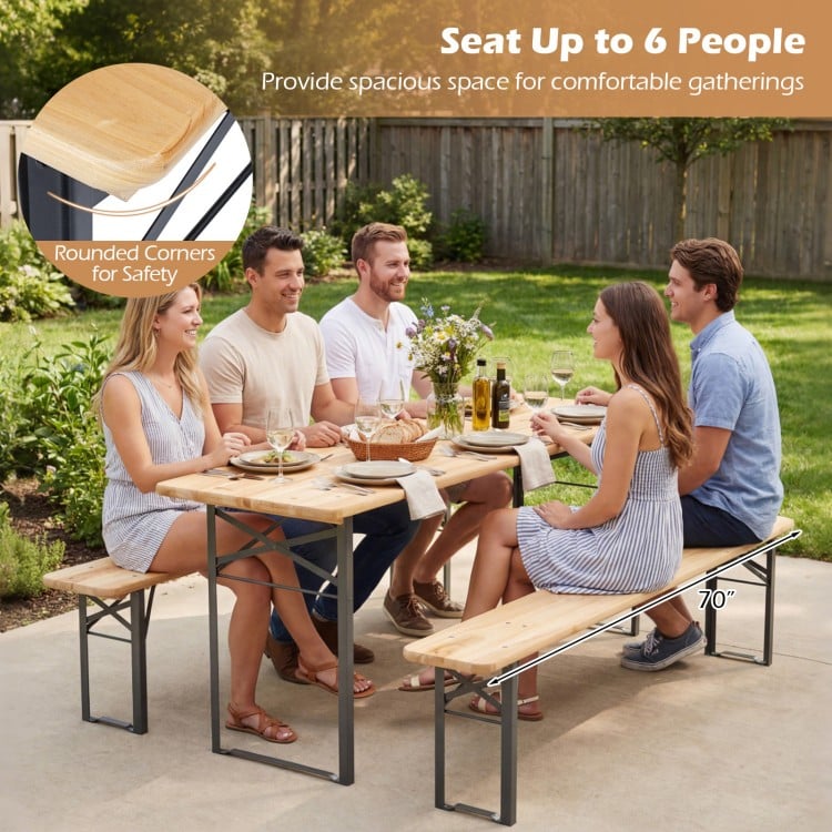 70 Inch 3-Piece Folding Picnic Table with Benches for 6 Fir Wood Portable Bear Camping Table-Black
