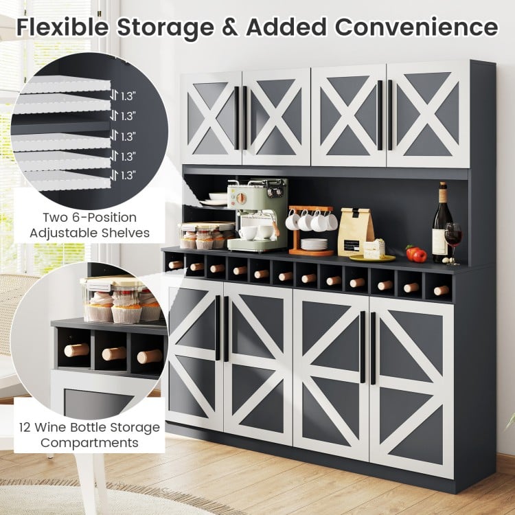 70 Inch Farmhouse Pantry Cabinet Kitchen Buffet Hutch with 4 Cabinets and 2 Open Shelves-Dark Gray