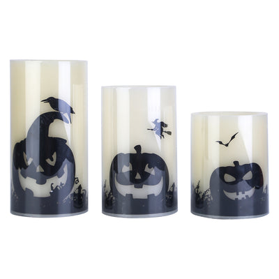 3 Pack Halloween Flameless Candle Lamp with Timer Setting Battery Powered Warm Orange Light Candles for Halloween Party Decoration Pumpkin Crow Bat 