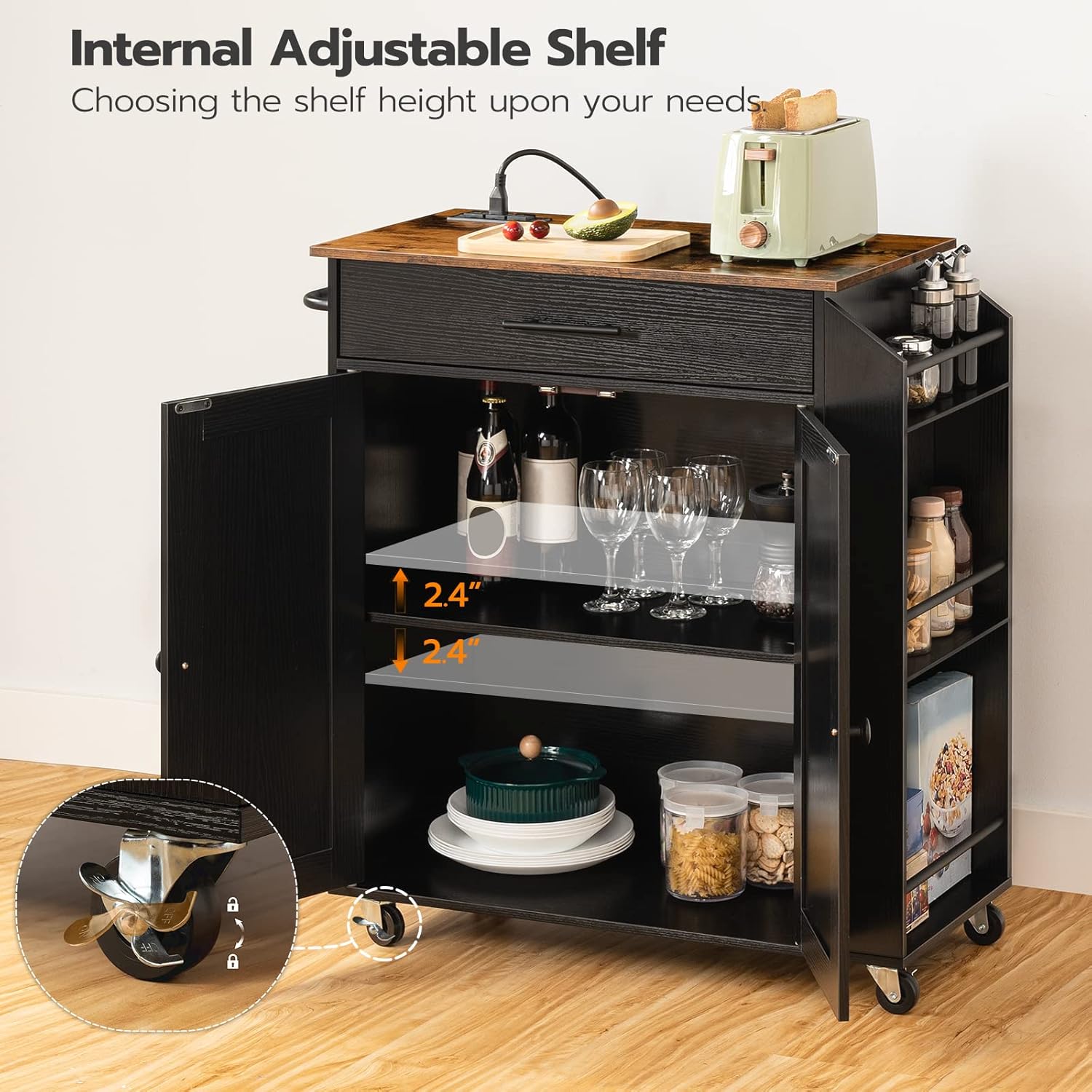 HOOBRO Kitchen Island Cart with Power Outlet, Rolling Kitchen Storage Cabinet with Drawer, Spice Rack & Adjustable Shelf, Rustic Brown BF82UZD01G1
