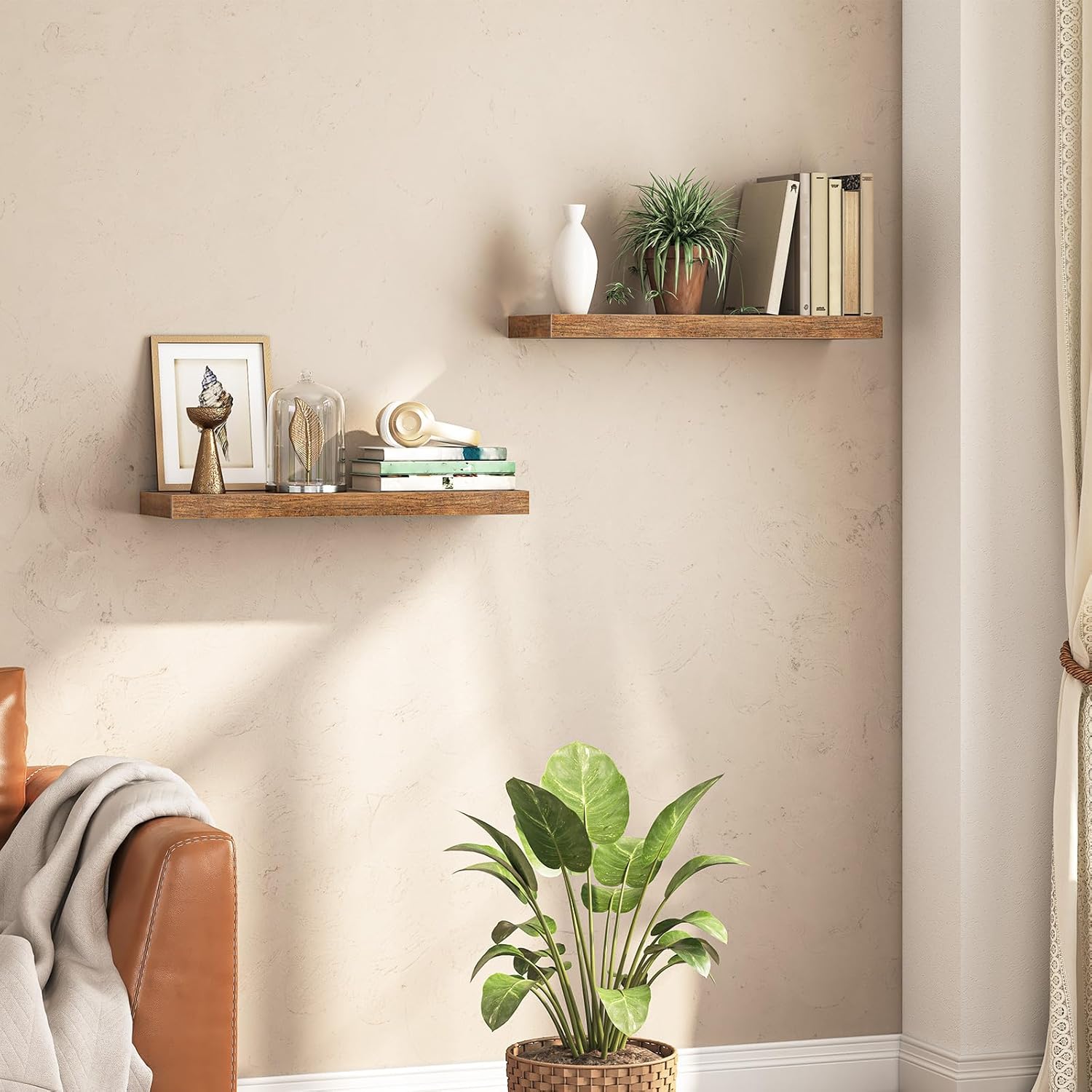 HOOBRO Floating Shelves Wall Shelf Set of 2, 80 cm Rustic Brown Hanging Shelves with Invisible Brackets BF80BJP201