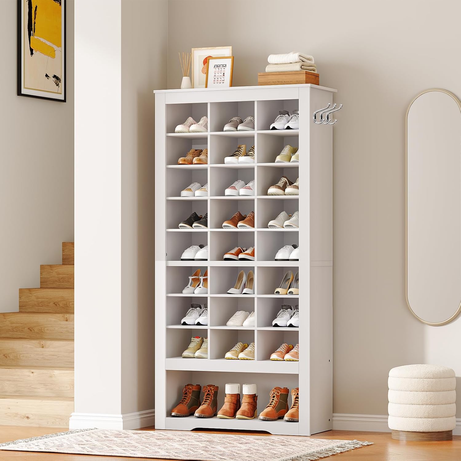 HOOBRO 9-Tier Tall Shoe Cabinet with 24 Cubbies & 3 Hooks, Freestanding Shoe Storage Organizer, White WT24SC01