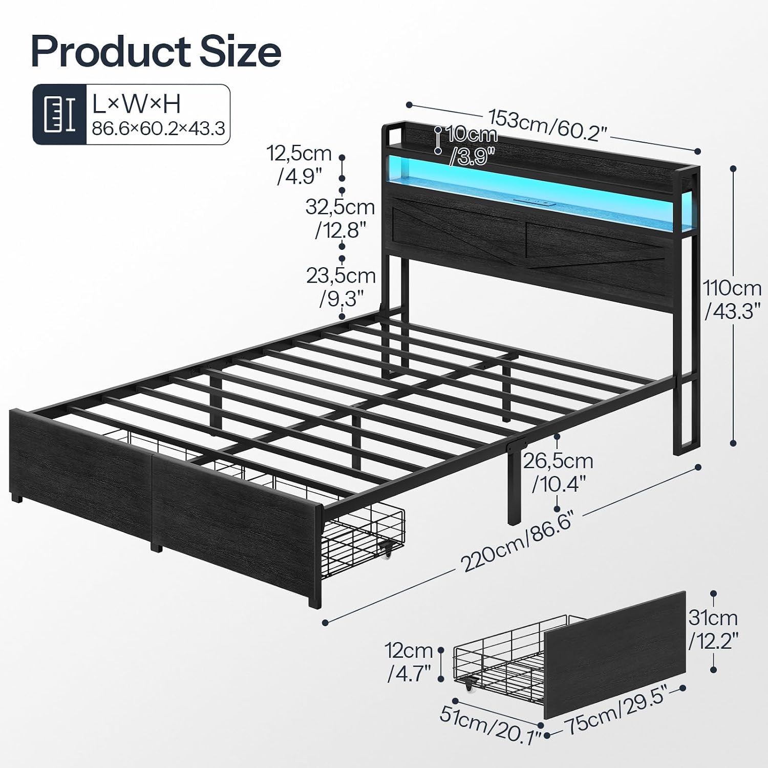 HOOBRO Queen Size LED Bed Frame with Charging Station, Storage Headboard & 2 Drawers, Black