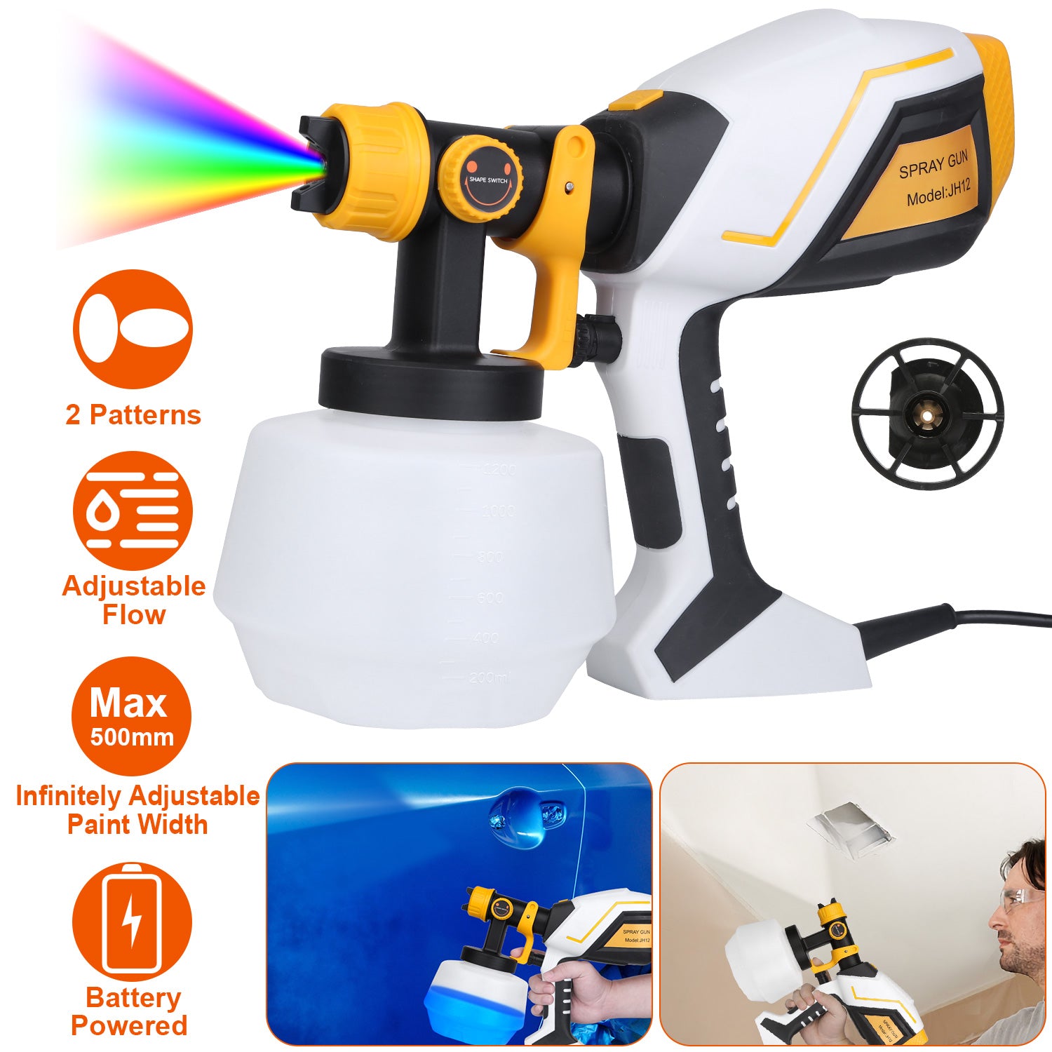 Electric Paint Sprayer HVLP Spray Painting Gun Handheld Painter with Different Spray Patterns 1200ML Detachable Container Flow/Length/Width Adjustable 