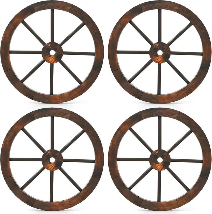 24-Inch Decorative Wooden Wagon Wheel – Carbonized Solid Fir Wood (Set of 2 or 4)