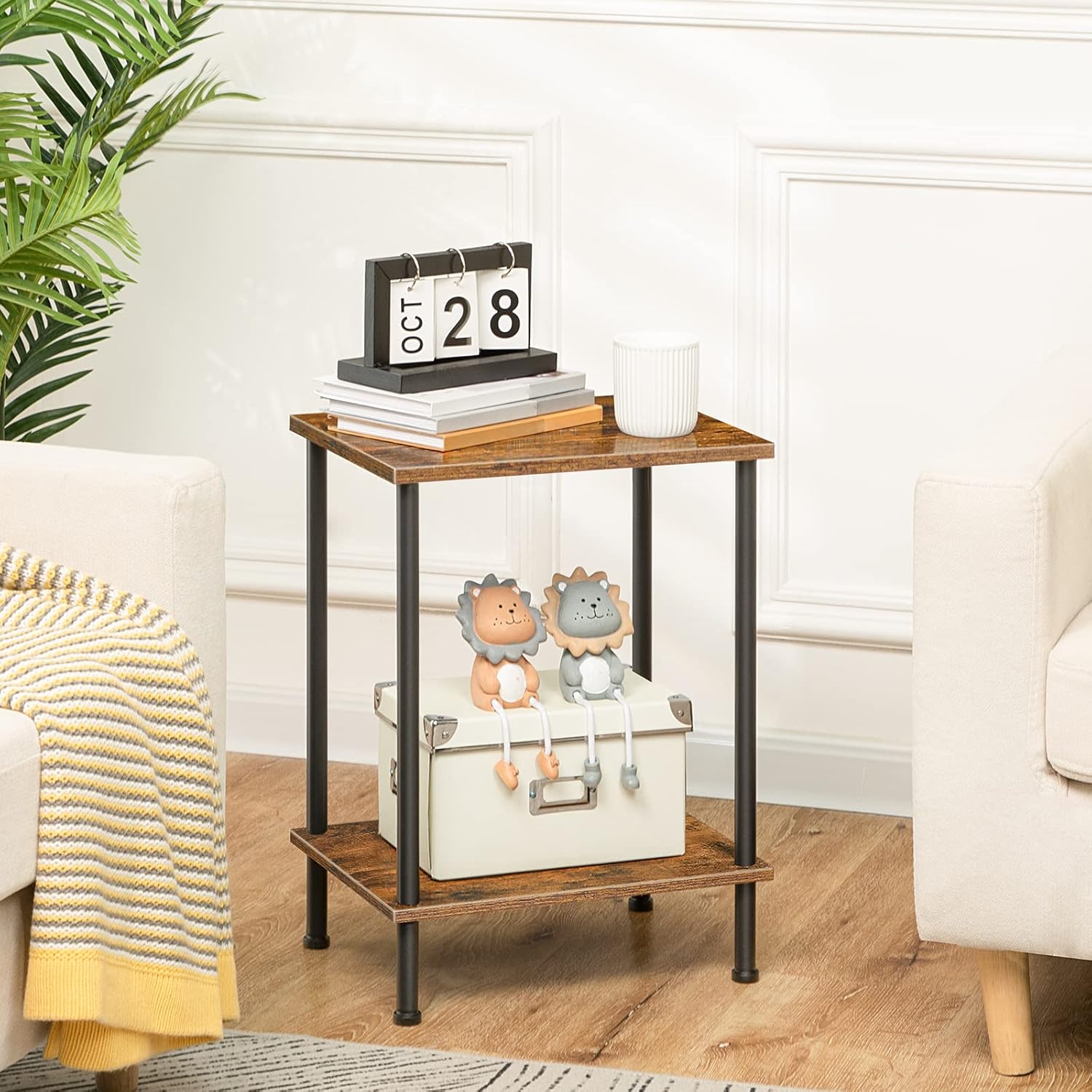 HOOBRO Industrial End Table with 2-Tier Storage Shelves, Rustic Brown Nightstand for Small Spaces, BF09BZ01