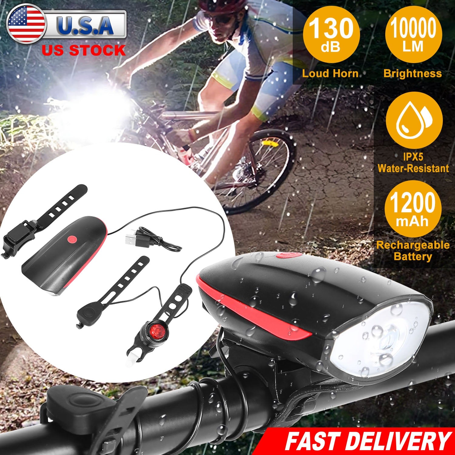 10000lm Bike Headlight USB Rechargeable LED Bicycle Front Light Rear Tail Light with 130dB Loud Horn 