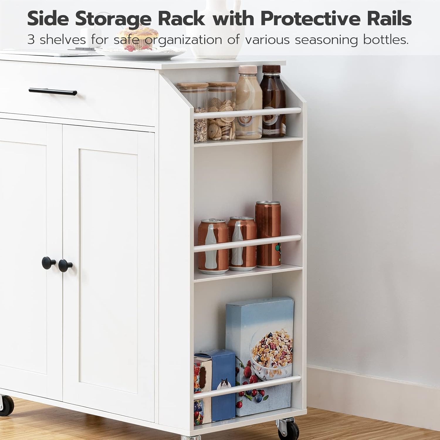 HOOBRO Kitchen Island Cart with Power Outlet, Storage Cabinet, Drawer & Spice Rack, Rolling Kitchen Cart on Wheels, White