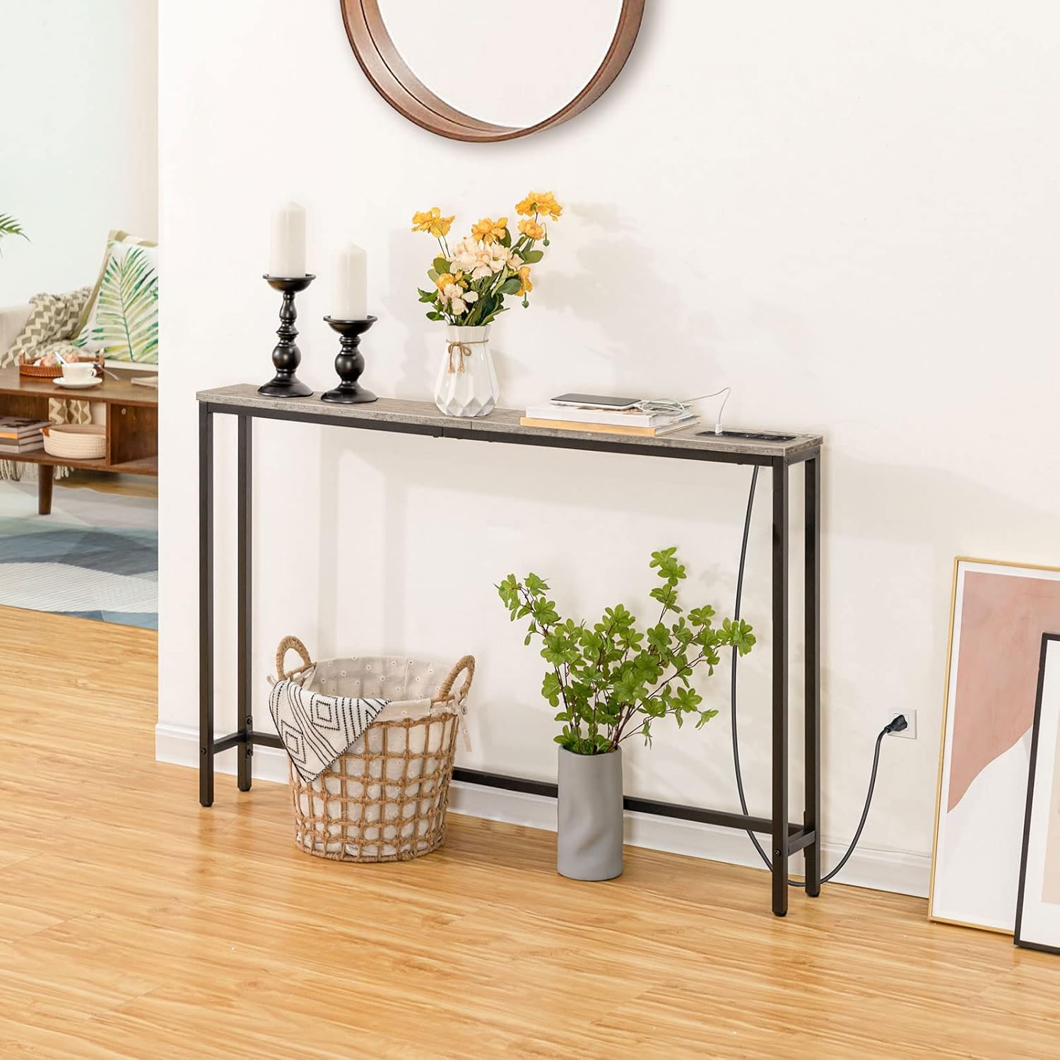 HOOBRO 120 cm Narrow Console Table with Power Outlets, Skinny Behind Couch Table with USB & Type-C Charging Station, Greige BG15XG01G1