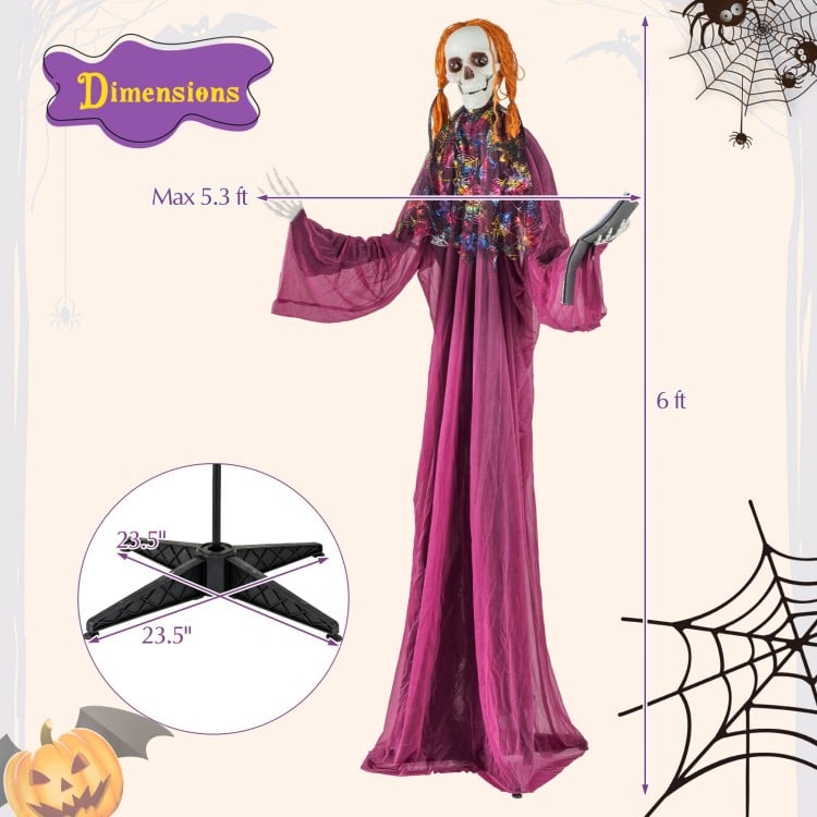6 Feet Halloween Animatronic Standing Girl Holding Book with Sound-Activated Light-up Eyes and Moving Arms & Head
