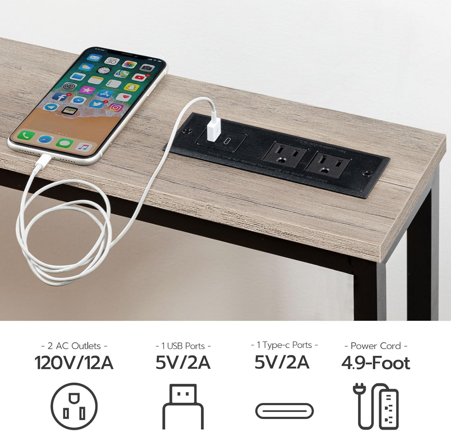HOOBRO 120 cm Narrow Console Table with Power Outlets, Skinny Behind Couch Table with USB & Type-C Charging Station, Greige BG15XG01G1