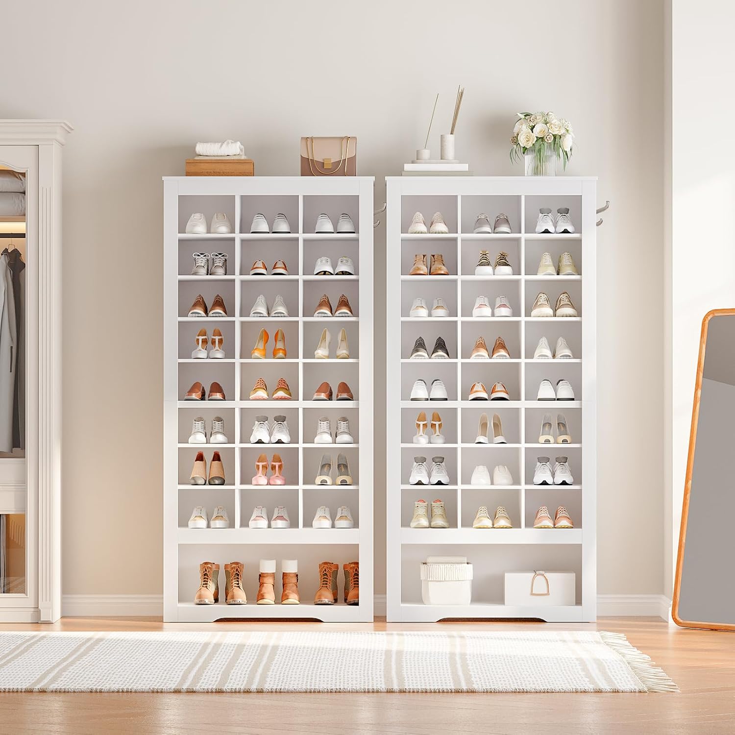 HOOBRO 9-Tier Tall Shoe Cabinet with 24 Cubbies & 3 Hooks, Freestanding Shoe Storage Organizer, White WT24SC01