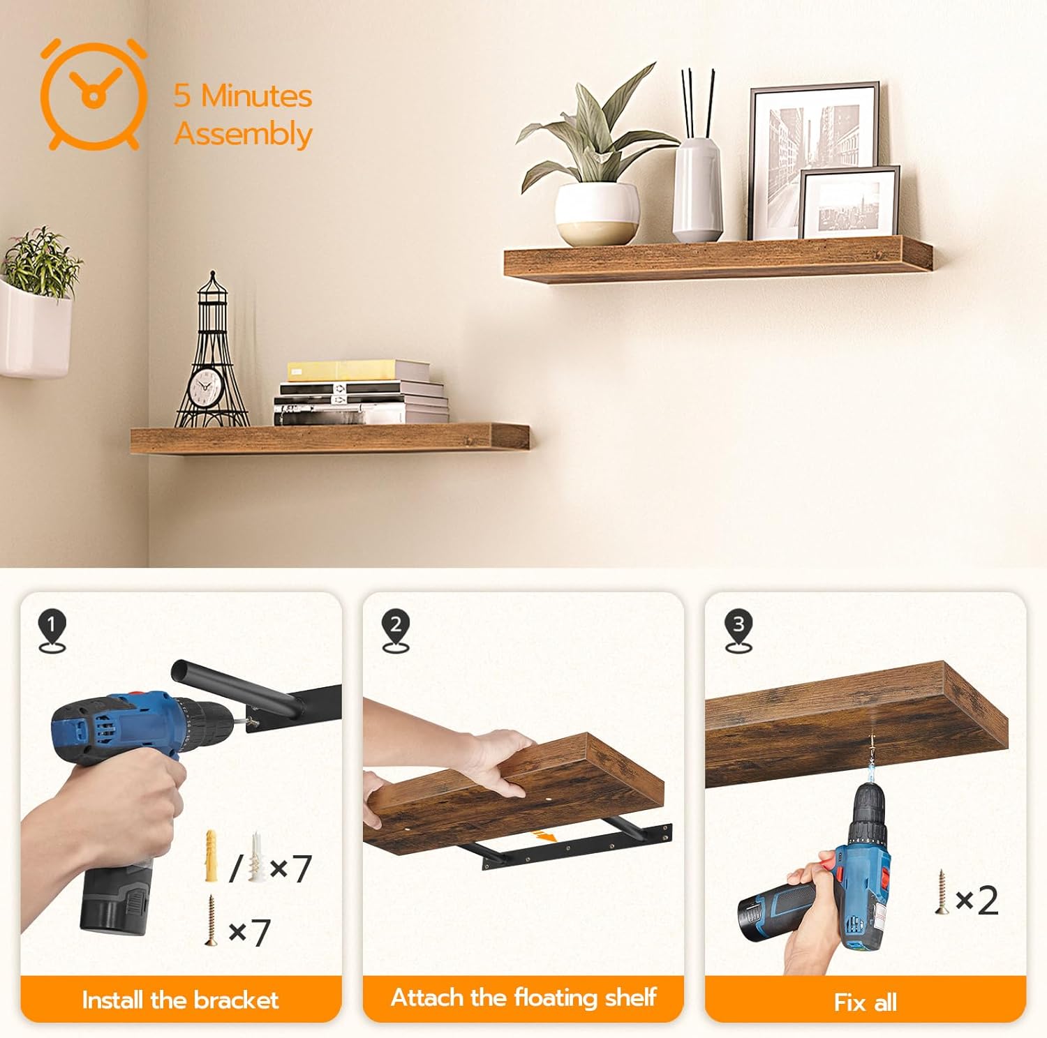 HOOBRO Floating Shelves Rustic Brown Wall Shelf Set of 2, 60 cm Hanging Shelves with Invisible Brackets BF60BJ01