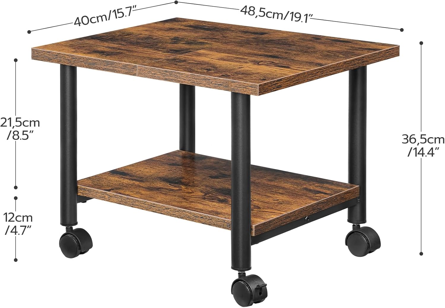 HOOBRO 2-Tier Printer Stand with Storage Shelves and Lockable Wheels, Rustic Brown + Black