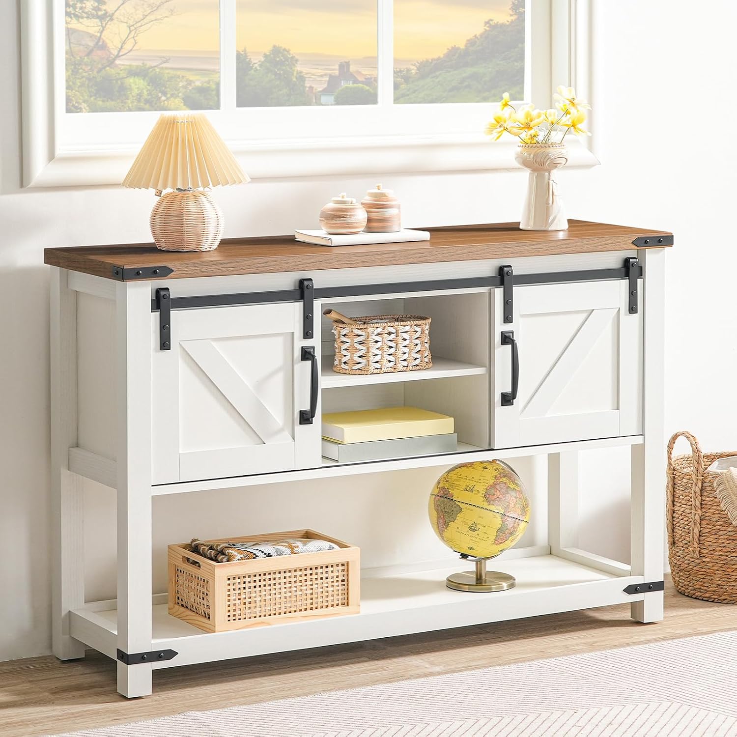 HOOBRO 39.4" Farmhouse Console Table with Sliding Barn Doors, Storage Cabinets & Open Shelf, White & Walnut