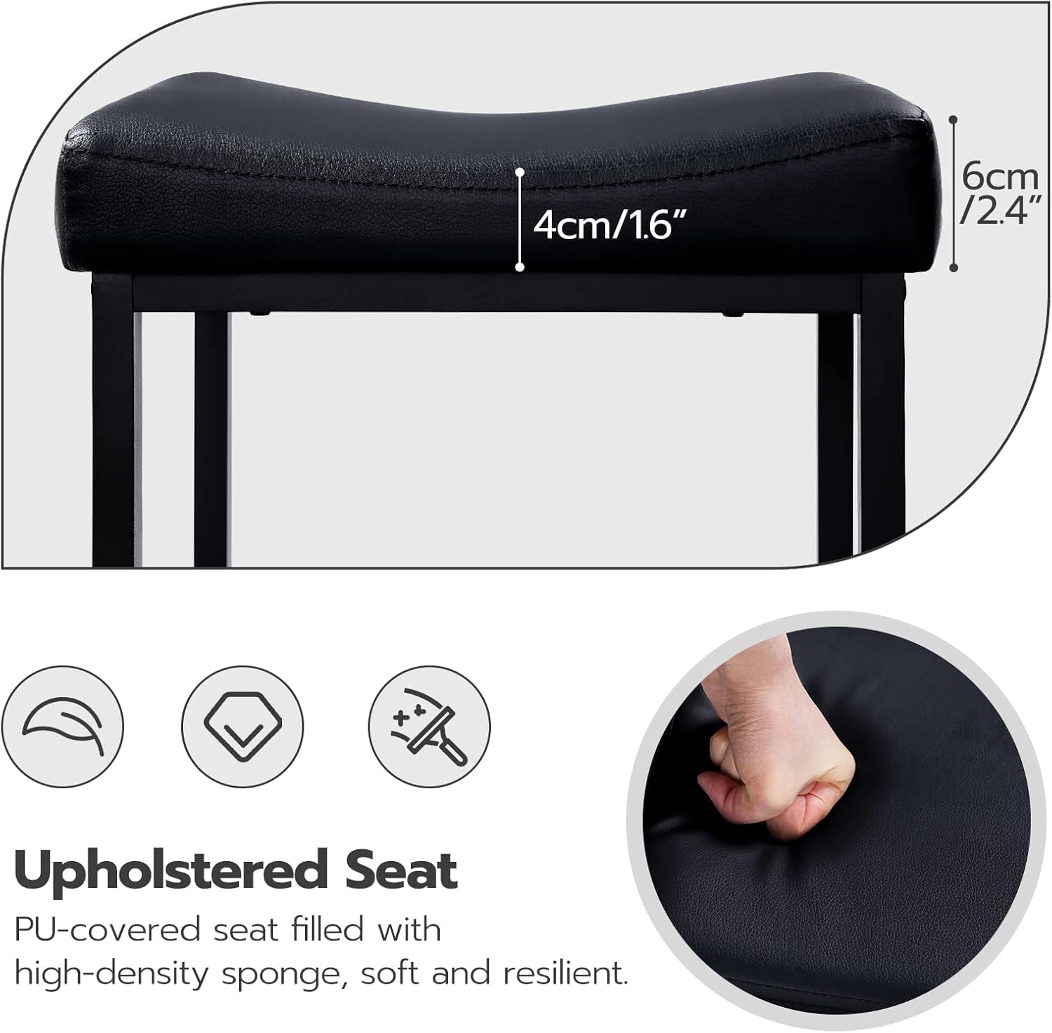 HOOBRO Bar Stools Set of 2, Counter Height Saddle Bar Chairs with PU Leather Cushioned Seats, Black