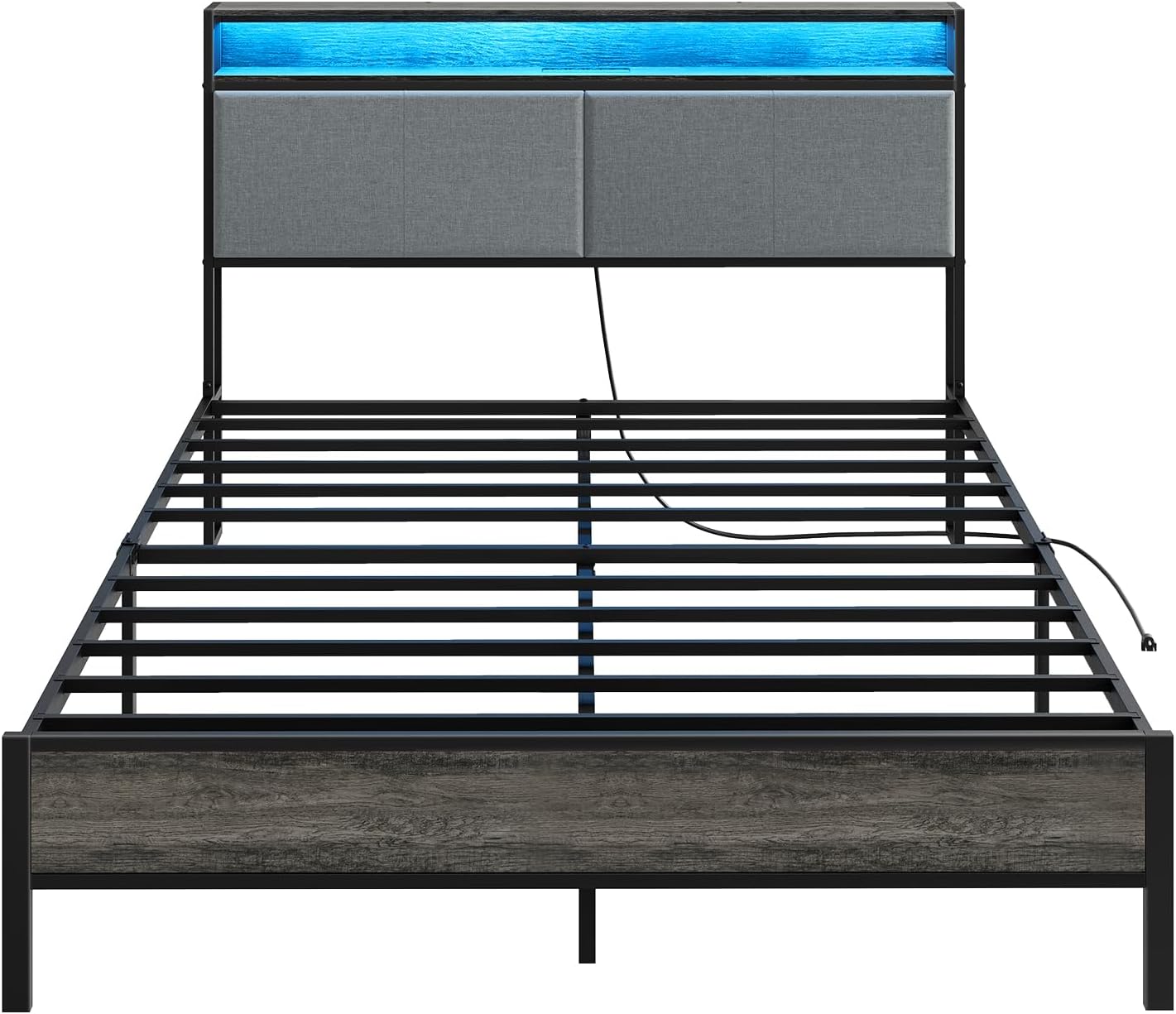 HOOBRO Queen Size Bed Frame with Storage Headboard, Charging Station & 16-Color LED Lights, Charcoal Gray