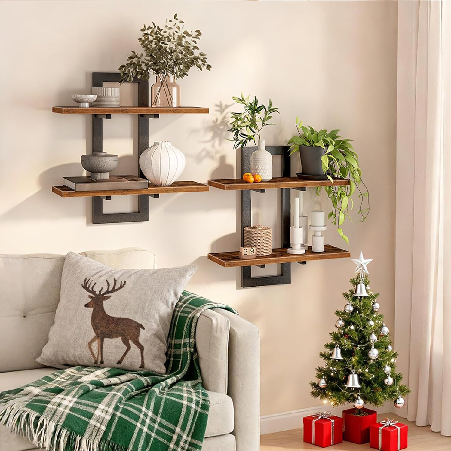 HOOBRO Floating Shelves Set of 2, 2-Tier Wall Mounted Storage Shelves, Rustic Brown & Black