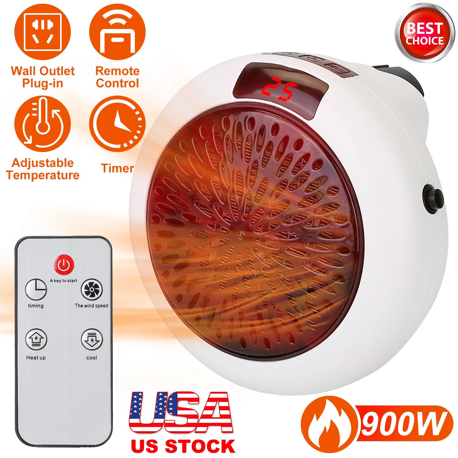 900W Portable Heater Fan Wall Outlet Space Heater Plug-in Heater Adjustable Temperature Auto Shut off w/Remote Control