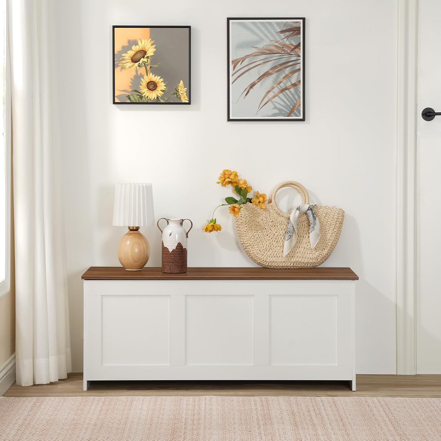 HOOBRO Storage Bench with Lift-Top Storage Chest, 100 cm Retro Wooden Toy Box Organizer, White & Walnut