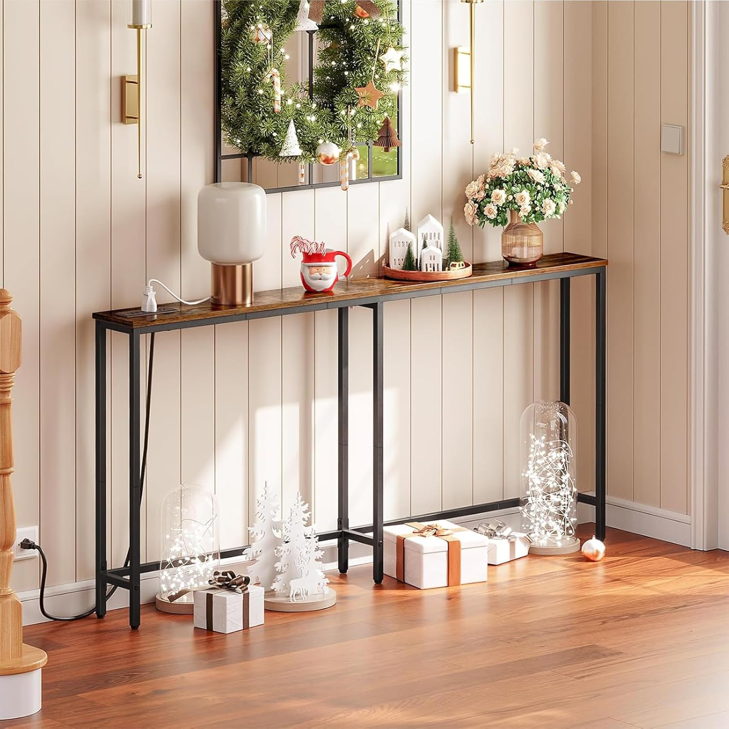 HOOBRO 63" Skinny Console Table with Charging Station, Narrow Sofa Table with USB & Type-C Ports, Rustic Brown & Black
