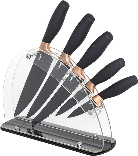 6 Pcs Kitchen Knife Set with Acrylic Block - Super-Sharp Steel Knives with Non-Stick Coating - Chef, Bread, Carving, Utility, Paring Knives - Stylish Cooking Tools with Black, Rose Gold Handle 