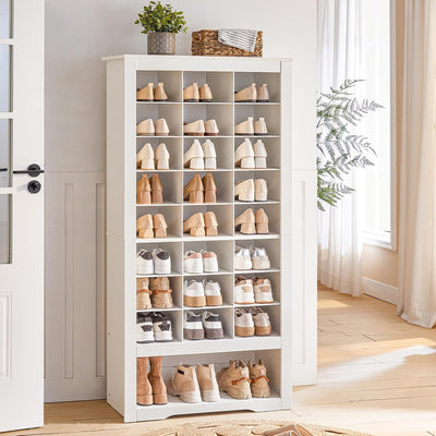 HOOBRO 9-Tier Tall Shoe Cabinet with 24 Cubbies & 3 Hooks, Freestanding Shoe Storage Organizer, White WT24SC01