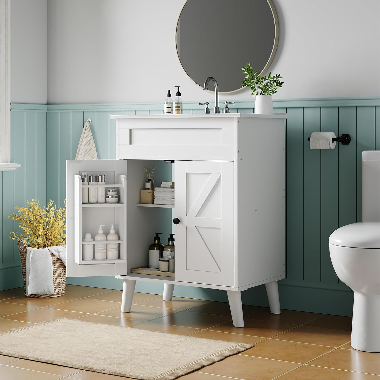 HOOBRO 24.2-Inch Bathroom Vanity with Ceramic Sink, Farmhouse Bathroom Cabinet with 2 Doors, White